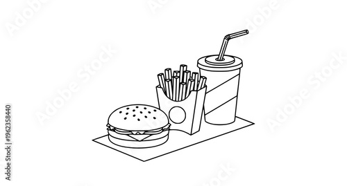 A burger, fries, and a drink on a tray Vector