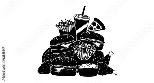 A pile of fast food including burgers and fries Vector