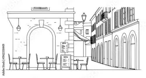 A black and white drawing of a sidewalk cafe Vector