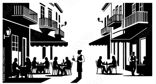People sitting at tables outside a restaurant Vector