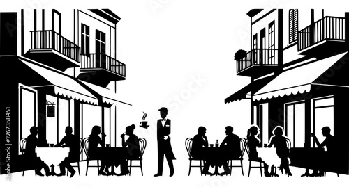 People sitting at tables outside a restaurant Vector