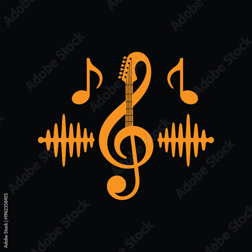 Musical symbols and guitar on black background