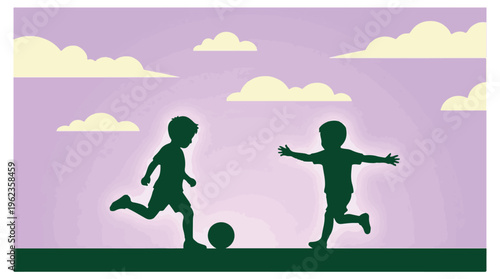Two young boys playing soccer in silhouette against a vibrant sky
