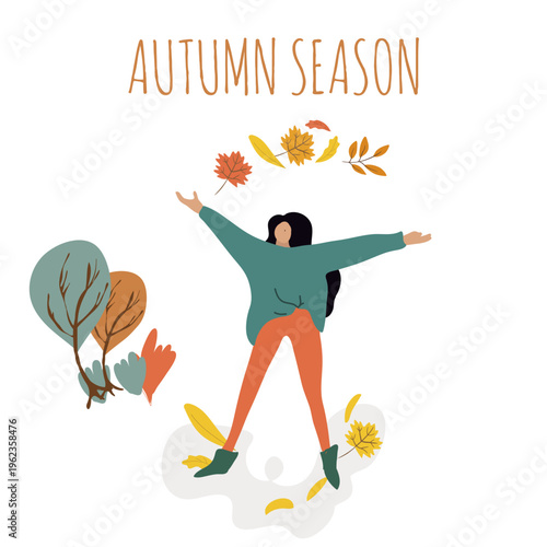 Flat vector illustration fall season, autumn season, Hello autumn, cozy autumn, hand drawn vector illustration, I love leaf fall.