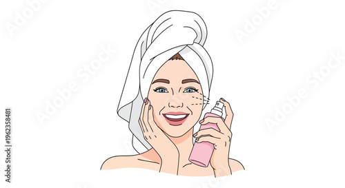 Smiling woman with towel on head applying pink facial spray in cartoon style for skincare advertising