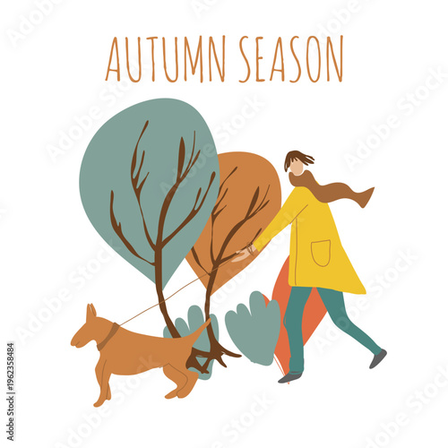 Flat vector illustration fall season, autumn season, Hello autumn, cozy autumn, hand drawn vector illustration, I love leaf fall.