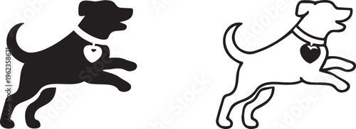 Minimalist jumping dog vector icons, playful puppy silhouettes with heart collar tags, black and white canine pet illustrations for logo design