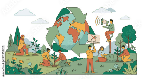 Group planting trees, promoting recycling, and advocating for environmental care