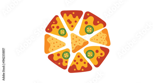 A vibrant, flat-design illustration of triangular food pieces, arranged in a circular formation on a white background, some with green circles