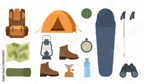 Hiking and camping gear flat vector set with backpack tent and outdoor equipment isolated on white