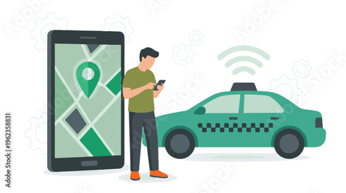 Ride-sharing app concept, person using smartphone to hail a taxi.