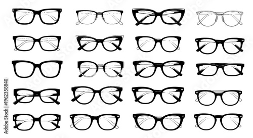 Glasses set with various black and transparent frames, different shapes and styles. featuring eyeglasses, spectacles, eyewear with fashion