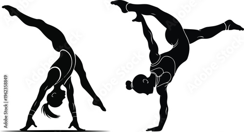 Gymnast performing flip silhouette pose, flat vector illustration, bold thick black outline, minimal line art, white background
