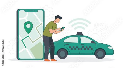 Man using smartphone for taxi booking and ride-sharing service