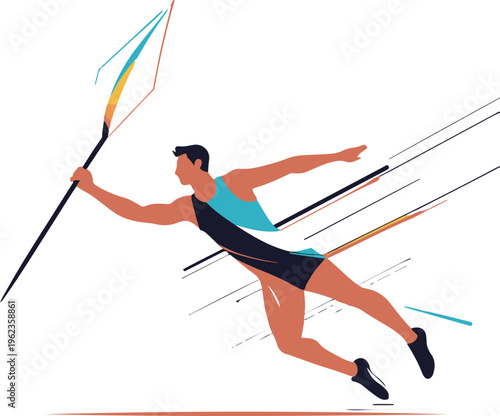 Javelin throw spear with motion direction lines, flat vector illustration, bold thick black outline, minimal design, white background 1