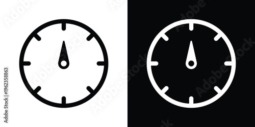 Minimalist speedometer or gauge icon set. Black and white vector illustrations featuring a circular dial with a needle pointer. Ideal for performance, speed, and measurement concepts.