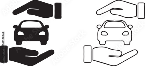 Car insurance icon set with hands protecting vehicle, automotive safety and security symbols, black silhouette and outline vector graphics