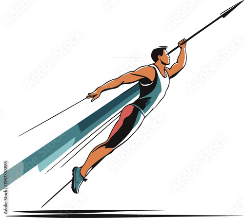 Javelin throw spear with motion direction lines, flat vector illustration, bold thick black outline, minimal design, white background 2