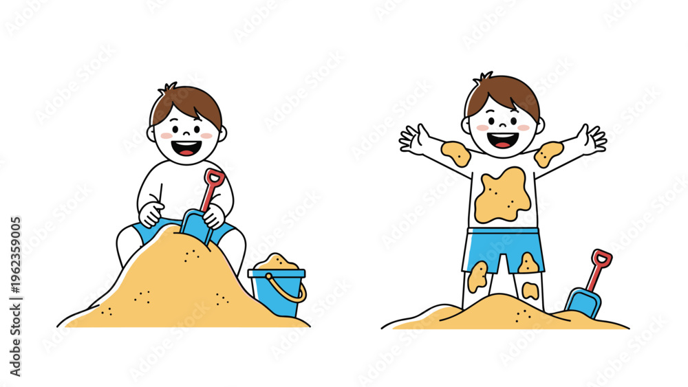 Fototapeta premium Young boy enjoys playing in a large sand pile with a plastic shovel and bucket while wearing blue shorts in these illustrated scenes.