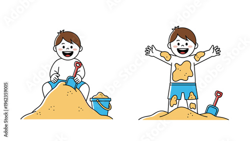 Young boy enjoys playing in a large sand pile with a plastic shovel and bucket while wearing blue shorts in these illustrated scenes.