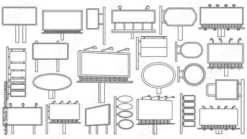 Large selection of blank billboard and outdoor signage templates in various geometric shapes are presented as black and white line art.