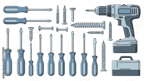 Complete workshop tool set features screwdrivers of various sizes screws an electric power drill and a sturdy gray tool box.