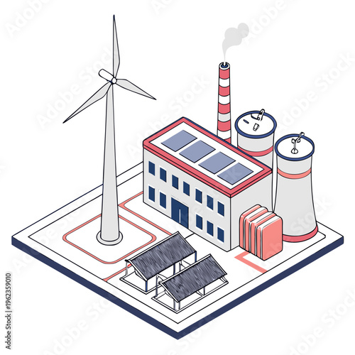 An isometric illustration of a sustainable industrial facility with a wind turbine, solar panels on the roof, and smokestack