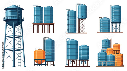 Industrial water tower and storage tank collection featuring various elevated and ground-level structures for utility.