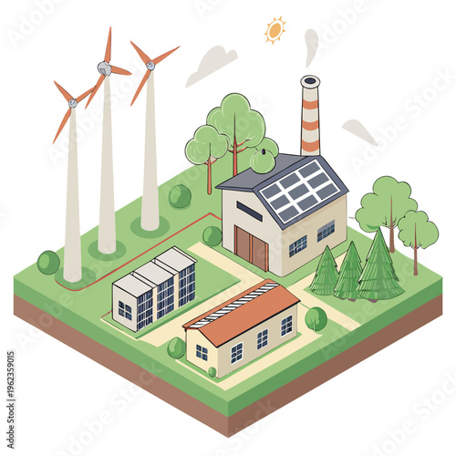 Isometric illustration of a sustainable energy farm with wind turbines and solar panels on a green field with trees and buildings
