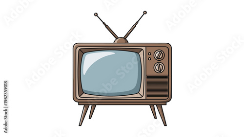 Classic retro television set with twin antennas and analog control knobs designed in a nostalgic vintage illustration style.