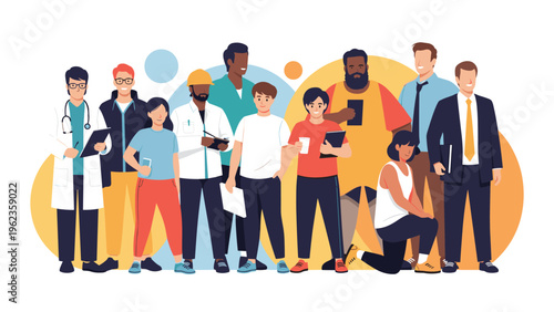 Large group of diverse people representing various professional occupations and backgrounds standing together in a community setting.