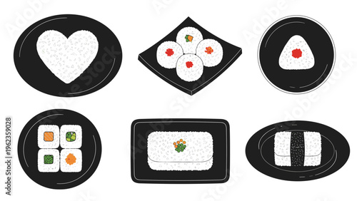 Collection of traditional Japanese rice balls and sushi rolls served on various black plates including heart and square shapes.