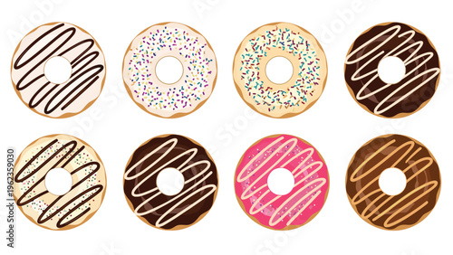Delicious glazed and sprinkled donut assortment in various flavors like chocolate, strawberry, and vanilla for bakery.
