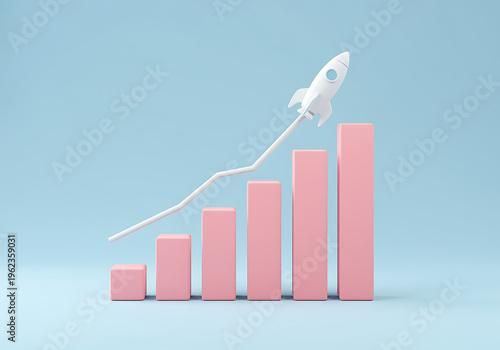 Pink business graph with white rocket on blue background for growth concept