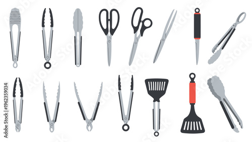 Comprehensive set of kitchen utensils including various types of metal tongs and spatulas for cooking and serving food.