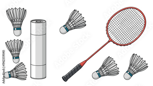 Badminton sports equipment featuring a red racket with a black grip and several white shuttlecocks arranged on a white background.