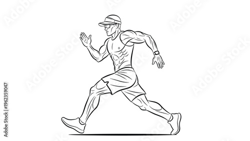 Dynamic line art illustration of a muscular male athlete running with intense focus and powerful stride against a white background.