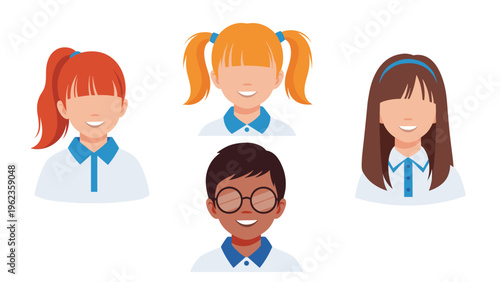 Set of friendly children avatars featuring different hairstyles and skin tones wearing white shirts with blue collars.