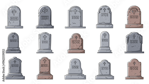 Diverse set of weathered and aged gravestones in different shades of grey and brown featuring various shapes and cross details.