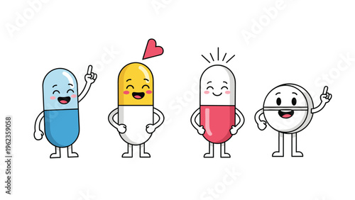 Group of cheerful cartoon pills and capsules with friendly faces and expressive gestures promoting health and medicine.