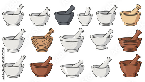 Set of traditional mortars and pestles made from various materials like stone, wood, and ceramic in different colors and sizes.