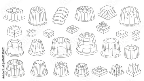 Extensive collection of line art outlines showing different shapes and designs for cakes, puddings, and decorative dessert molds.