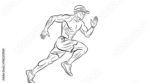 Powerful line art drawing of a muscular male sprinter in mid-stride with intense focus and dynamic movement across a white background.