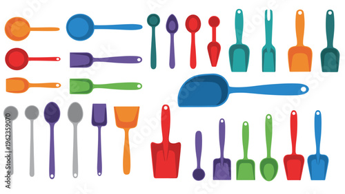 Large assortment of colorful plastic shovels, scoops, and spoons of various sizes and shapes for play or gardening.