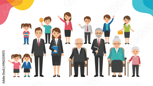 Large and diverse family portrait featuring three generations from young children to elderly grandparents standing together.