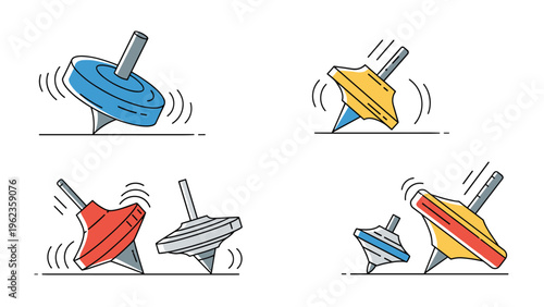 Dynamic set of colorful spinning tops shown in motion with circular lines indicating rotation on a flat surface.
