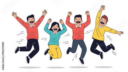 Group of cheerful young men and women jumping high in the air with arms raised in a celebration of success and joy.