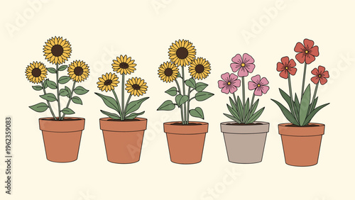Set of five decorative potted plants featuring various flowers like sunflowers and daisies in earthy terracotta and grey pots.
