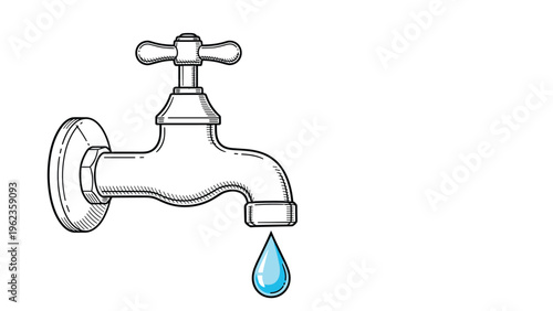 Classic line art illustration of a vintage metal water faucet with a single blue droplet falling from the spout onto a white background.