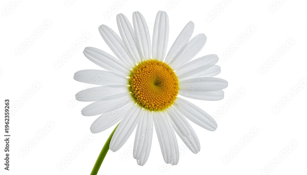 Fototapeta premium Close-up of a single daisy with white petals and a bright yellow center against a white backdrop